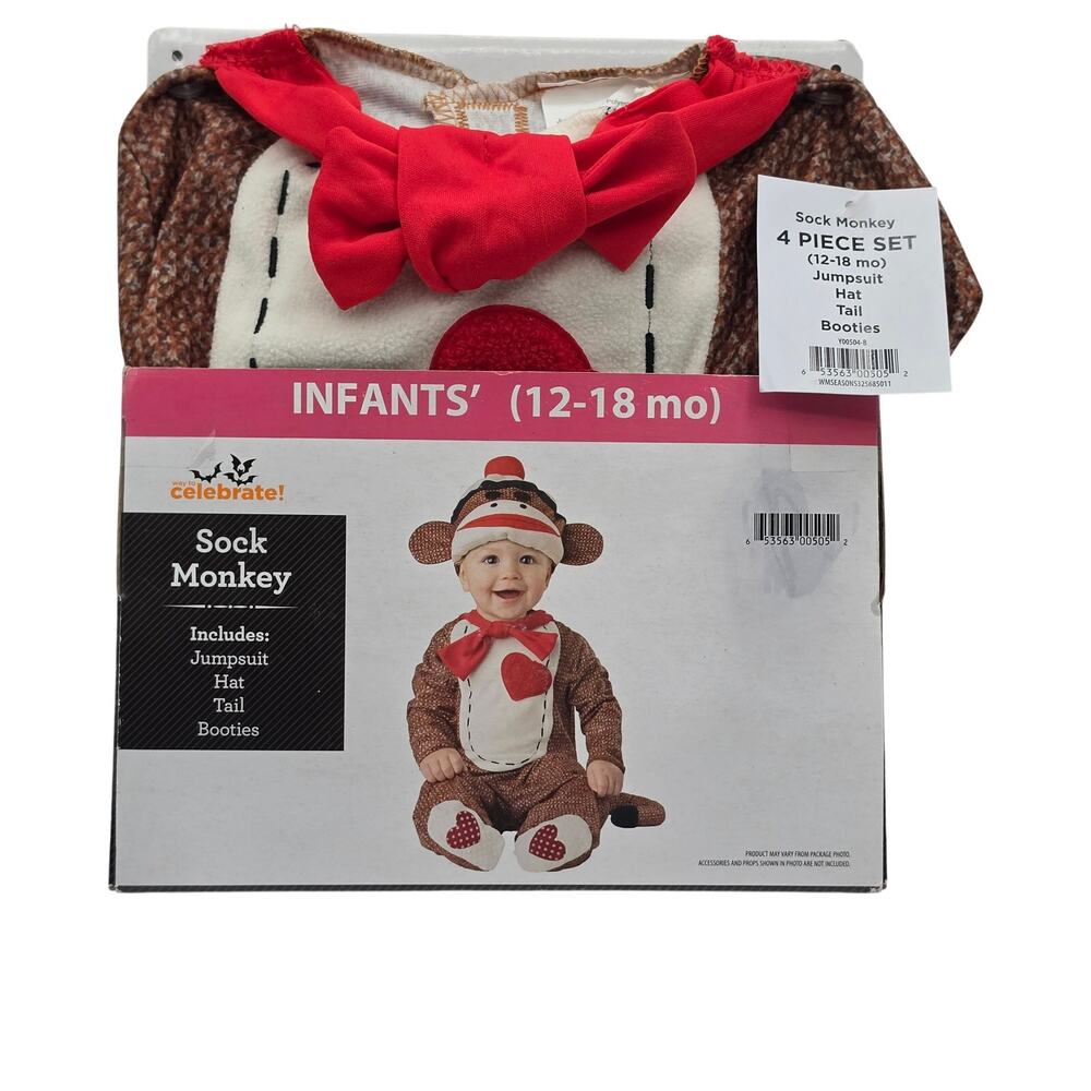 Way to Celebrate Infant Sock Monkey Halloween Costume 4pc Set 12-18 Months NWT